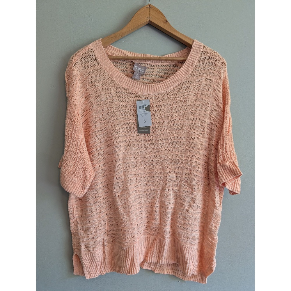 NWT Chicos Open Knit Pullover Sweater 3 Apricot Peach Short‎ Sleeve Beach Boho